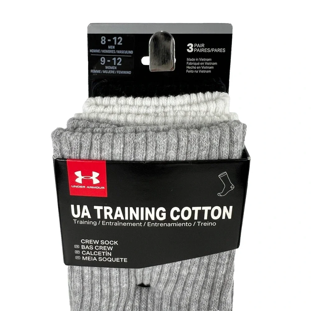 Under Armour Men’s Training Cotton Socks 3 Pairs Crew Gray White Black Large NEW